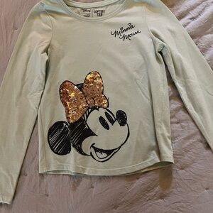 2 Disney Minnie Mouse Long Sleeve Tee - Light Green with Sparkling Gold Bow